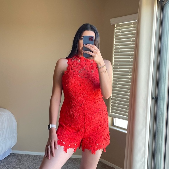 Astr the Label Red Orange Lace Romper - Picture 1 of 7